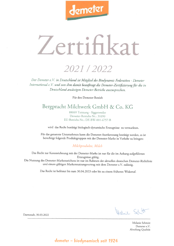 Demeter Zertifikat 2022